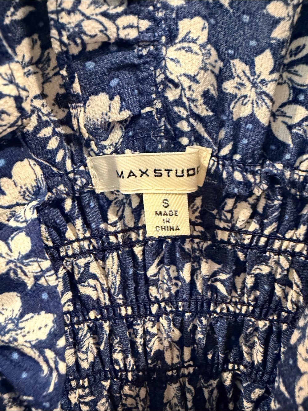 Max Studio Navy and White Floral Smocked-Waist Jumpsuit - Picture 4 of 7